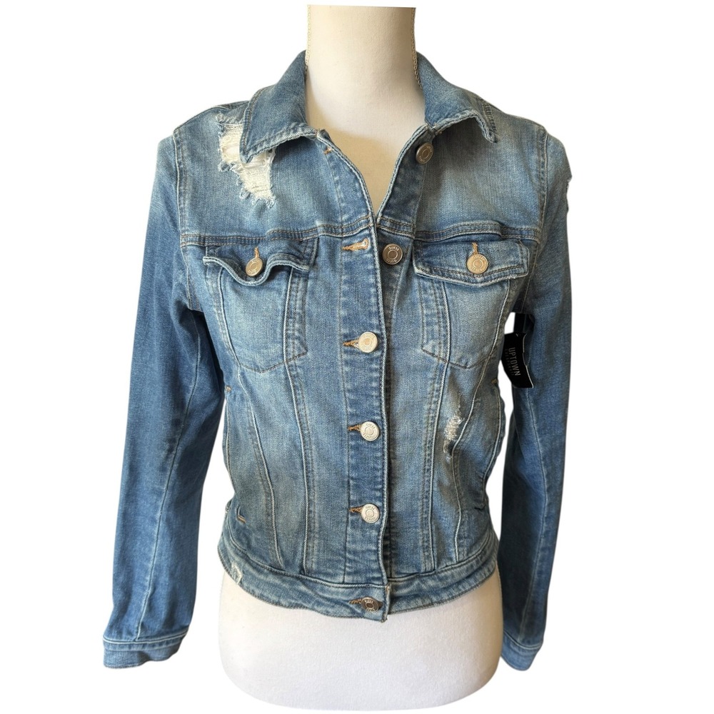 GUESS Los Angeles Distressed Denim Jacket Blue Button Front Size Small‎ Classic